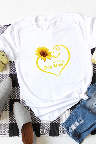 Chic Girls Rolled Short Sleeve Crew Neck Letter DOG MOM Sunflower Graphic Regular Fit T-Shirt