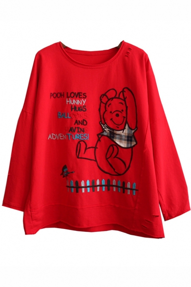 Chic Vintage Long Sleeve Round Neck POOH LOVES Winnie The Pooh Cartoon Emrboidered Panel Roll Edges Loose T Shirt