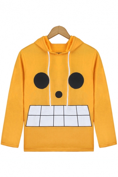 Cool Anime Long Sleeve Crew Neck Hooded Funny Face Printed Letter Graphic Relaxed Fit Pullover Sweatshirt in Yellow