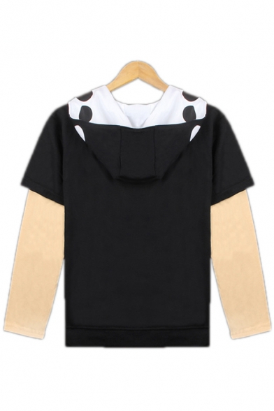 Cool Short Sleeve Zipper Front Polka Dot Pattern Contrasted Loose Black Hoodie