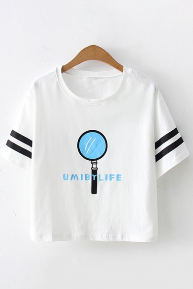 Cool Street Girls Short Sleeve Round Neck Letter UMIBYLIFE Magnifying Glass Loose T-Shirt in White