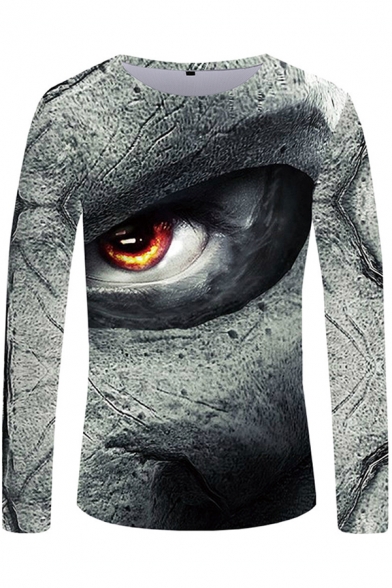 Cool Unique Long Sleeve Round Neck Creepy Eyes 3D Printed Slim Fit Tee in White