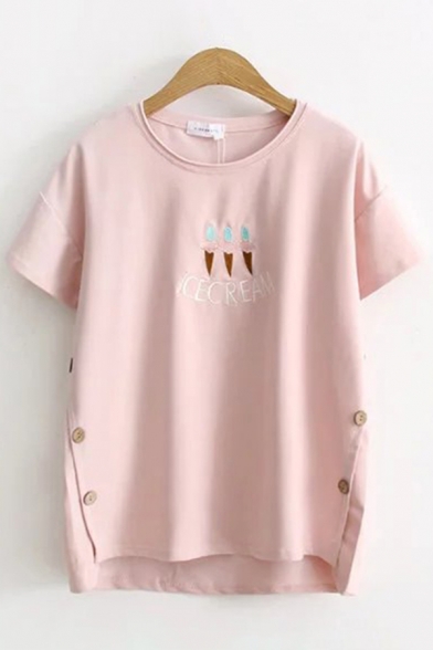 Fancy Ladies Short Sleeve Round Neck Letter ICECREAM Cartoon Embroidered Button Sides Loose Fit T-Shirt