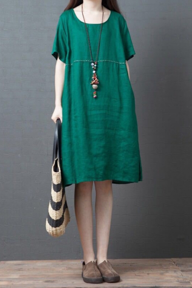 

Green Retro Style Short Sleeve Round Neck Cotton and Linen Contrast Piped Patched Midi Oversize Dress for Girls, LM607470