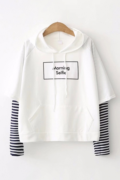 

Korean Style Ladies Long Sleeve Drawstring Letter MORNING SELFIE Stripe Panel Pouch Pocket Loose Hoodie, Black;blue;white, LM601888