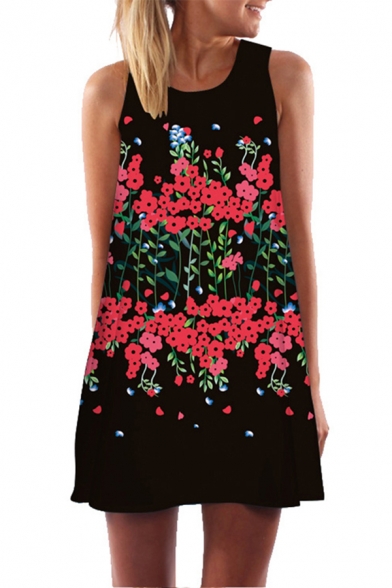 Ladies Popular Sleeveless Round Neck All Over Floral Printed Short A-Line Tank Dress