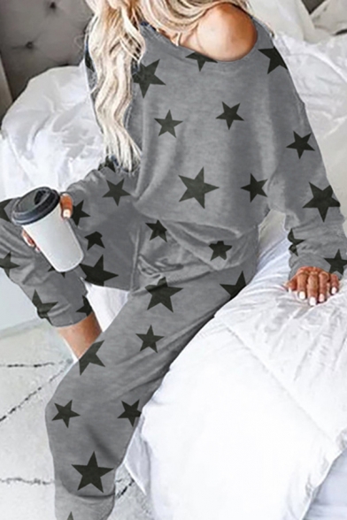 Leisure Fashion Womens Long Sleeve Drop Shoulder Pentagram Printed Loose Tee & Cuffed Relaxed Trousers