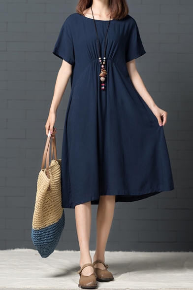 Leisure Simple Ladies Solid Color Short Sleeve Round Neck Ruched Linen and Cotton Long Swing Dress