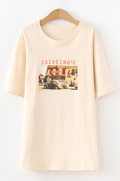 Leisure Womens Short Sleeve Round Neck Letter CAIVEING'S Cartoon Graphic Longline Relaxed Fit T-Shirt