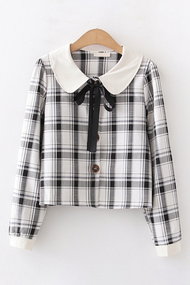 

Lovely Womens Long Sleeve Peter Pan Collar Bow Tied Button Down Plaid Printed Slim Fitted Blouse, Pink;white;khaki, LM602196