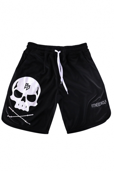 Popular Fitness Mens Drawstring Waist Skull Graphic Contrast Piped Relaxed Fit Shorts