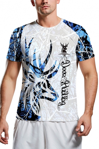 Popular Mens Short Sleeve Crew Neck Deer Pattern Letter Print Slim Fit Graphic T Shirt in Blue