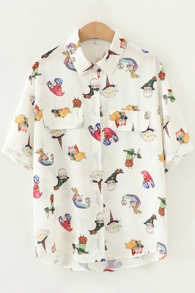 Preppy Looks Unique Short Sleeve Lapel Neck Button Down Flap Pocket Allover Cartoon Pattern Relaxed Fit Shirt in White