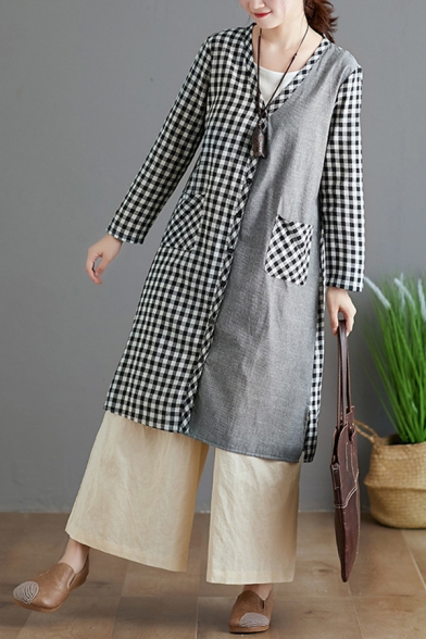 Pretty Ladies Long Sleeve Button Down Plaid Printed Patchwork Slit Side Relaxed Cardigan