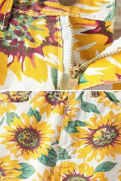 Pretty Summer Ladies Mid Rise All Over Sunflower Printed Rolled Cuffs Relaxed Shorts in Yellow