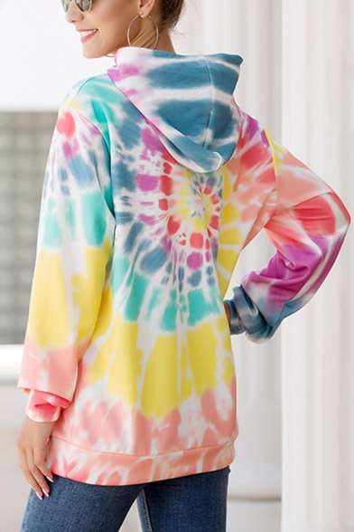 Pretty Womens Long Sleeve Drawstring Colorful Spiral Printed Pouch Pocket Relaxed Hoodie