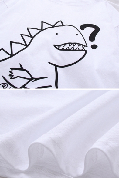 Simple Girls Short Sleeve Round Neck Dinosaur Printed Loose Fit T-Shirt