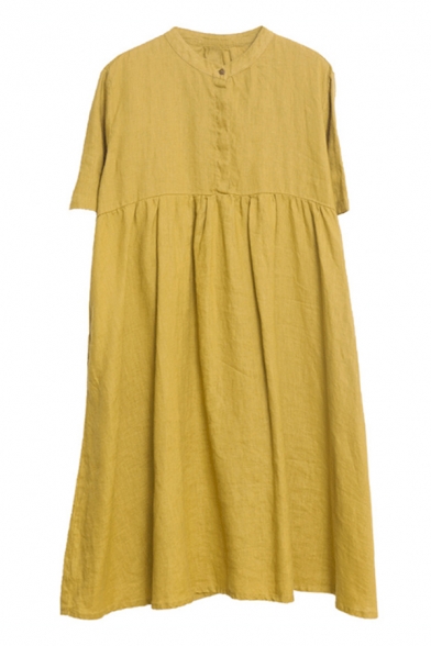 Simple Vintage Yellow Short Sleeve Crew Neck Button Up Linen Ruched Maxi Swing Dress for Women