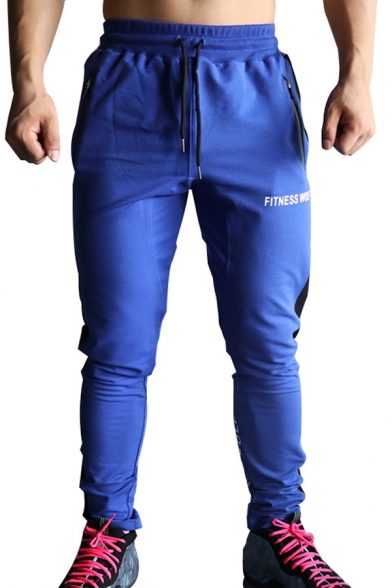 Sports Mens Drawstring Waist Letter FITNESS WOLF Printed Contrasted Long Length Fitted Sweatpants