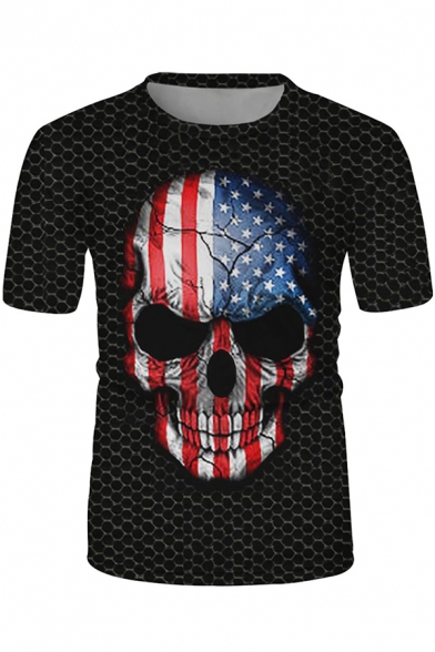 Stylish Boys Short Sleeve Crew Neck Flag Skull Geo 3D Printed Slim Fitted T-Shirt in Black