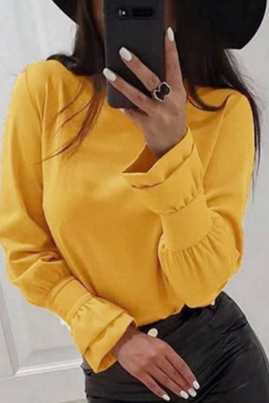 Stylish Womens Long Sleeve Round Neck Ruffled Trim Solid Color Loose Blouse Top