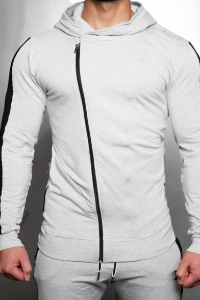 Training Guys Long Sleeve Asymmetric Zipper Front Color Block Fitted Hoodie with Drawstring Sweatpants