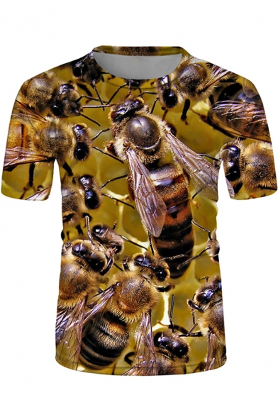 Unique Boys Short Sleeve Crew Neck Allover Bees 3D Printed Relaxed Fit Tee in Brown
