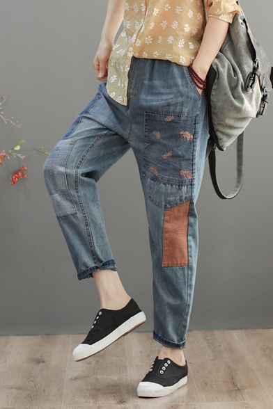 Unique Street Ladies Light Blue Elastic Waist Leaf Embroidered Patched Contrasted Carrot Fit Jeans