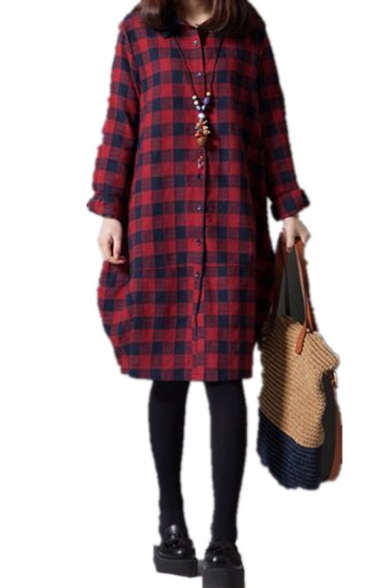 Vintage Classic Womens Long Sleeve Lapel Collar Button Down Checker Patterned Tunic Oversize Shirt