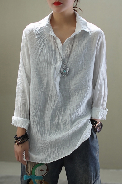 Basic Vintage Girls Roll Up Sleeves Lapel Collar Button Up Ruched Split Side Relaxed Shirt