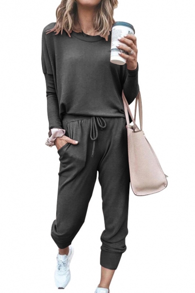 Casual Classic Solid Color Long Sleeve Round Neck Relaxed Tee & Drawstring Wasit Ankle Relaxed Trousers for Ladies