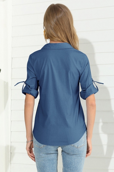 Casual Simple Three-Quarter Sleeve Lapel Neck Button Up Curved Hem Zipper Relaxed Fit Shirt for Women