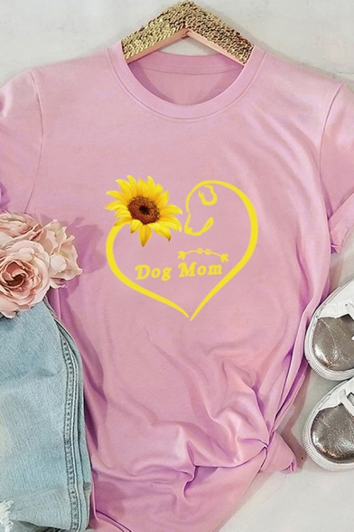 Chic Girls Rolled Short Sleeve Crew Neck Letter DOG MOM Sunflower Graphic Regular Fit T-Shirt