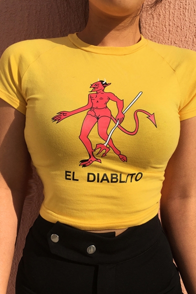 Chic Sexy Girls Short Sleeve Crew Neck Letter EL DIABLITO Cartoon Monster Graphic Fitted Crop Tee in Yellow