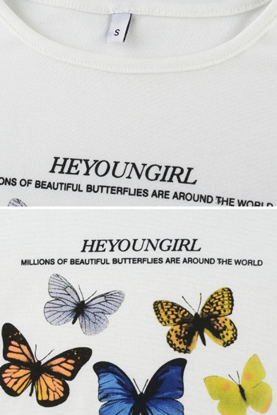Chic Womens Short Sleeve Crew Neck HEYOUNGIRL Letter Butterfly Print Stringy Selvedge Fitted Crop Graphic T Shirt in White