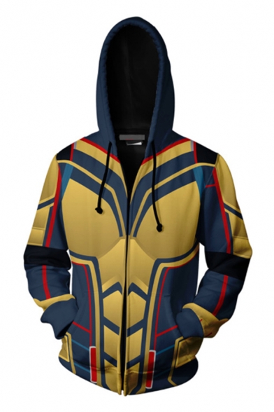 Cool Avengers 3D Geometric Cosplay Pattern Long Sleeve Zip Up Drawstring Relaxed Fashion Hoodie for Guys