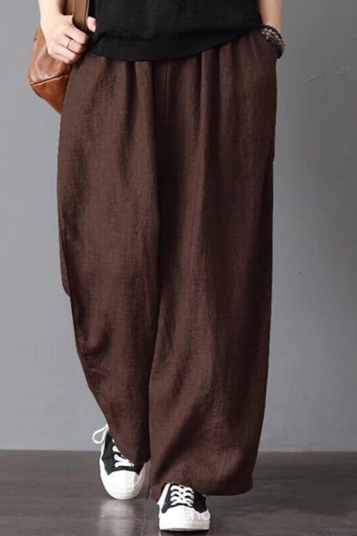 Cool Casual Womens Mid Rise Solid Color Cotton and Linen Long Oversize Trousers