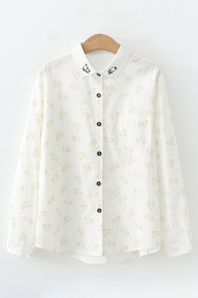 Cool Lovely Girls Long Sleeve Lapel Collar All Over Pig Embroidered Button Up Curved Hem Relaxed Fit Shirt