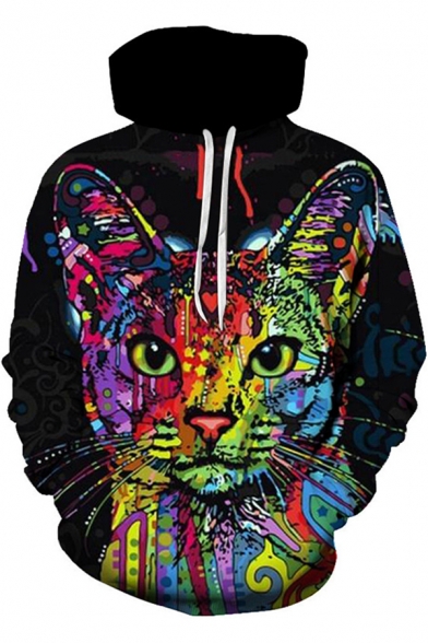 Fashionable Cute Boys Long Sleeve Drawstring Cat 3D Print Loose Fit Hoodie with Pocket
