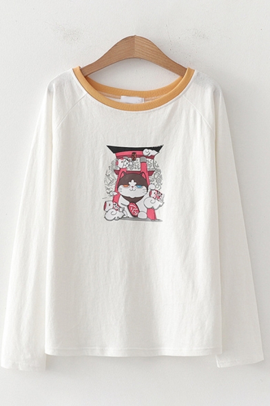Lovely Girls Long Sleeve Round Neck Cat Printed Contrasted Relaxed Fit T-Shirt