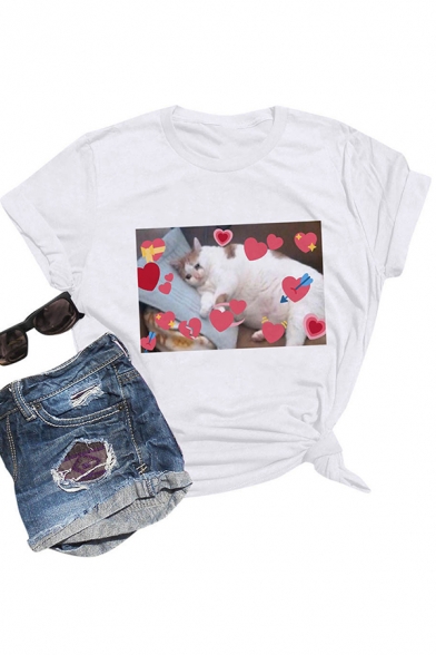 Lovely Girls White Roll Up Sleeves Round Neck Funny Cat Pattern Regular Fit T Shirt