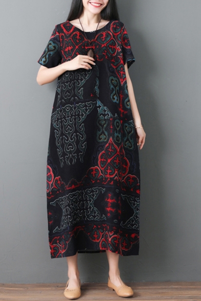 

Popular Ethnic Womens Short Sleeve Round Neck All Over Floral Pattern Long Oversize Dress, Black;blue, LM607531