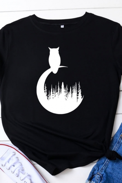 

Popular Girls Roll-Up Sleeve Round Neck Cat Moon Pattern Slim Fit T-Shirt, Black;burgundy;dark blue;dark gray, LC613054