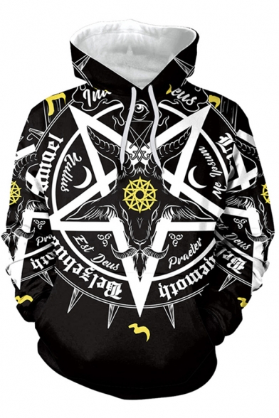 Popular Mens Long Sleeve Drawstring Pentagram Letter Pattern Loose Fit Graphic Hoodie in Black