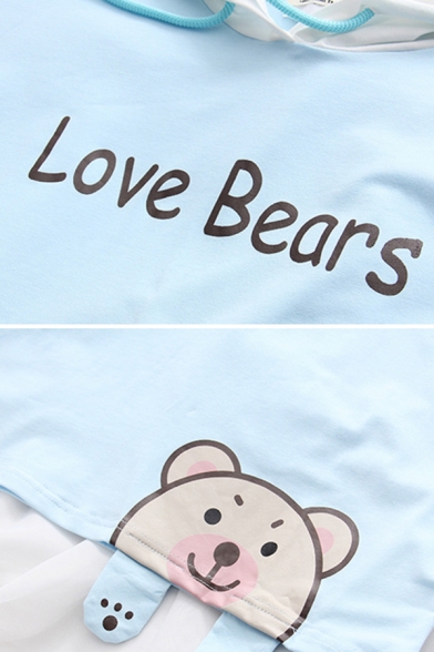 Popular Womens Short Sleeve Drawstring Letter LOVE BEARS Bear Graphic Hooded Regular Fit Hoodie
