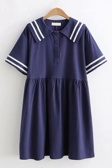 Preppy Girls Short Sleeve Sailor Collar Striped Button Up Short Pleated Swing Dress