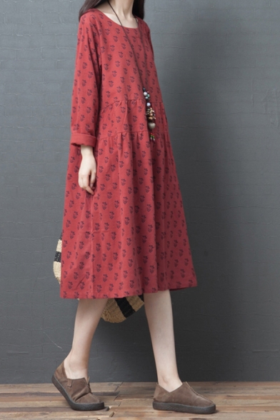 

Pretty Cute Girls Long Sleeve Round Neck Ditsy Floral Printed Cotton and Linen Long Swing Dress, Red;purple, LM607400