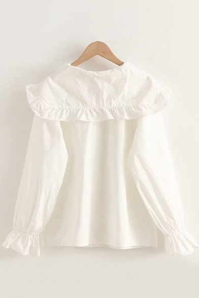 Pretty Girls Long Sleeve Peter Pan Collar Button Down Ruffled Trim Relaxed Blouse Top in White