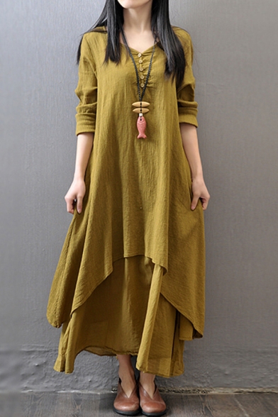 Retro Fashion Womens Long Sleeve V-Neck Button Up Bi-Layered Linen Solid Color Maxi Swing Dress