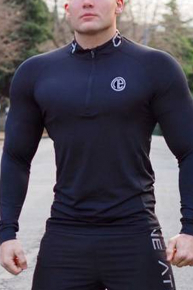 Sexy Long Sleeve Stand Collar Half Zipper Patterned Stretchy Fitted Bodybuilding Polo Shirt